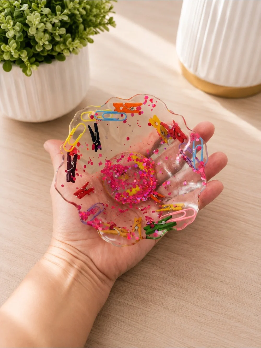 Clear Resin Decorative Bowl with Pink Confetti and Multicolor Accents